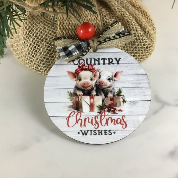 Pig Country Christmas Wishes Round Rustic Christmas Ornament - Picture 5 of 6